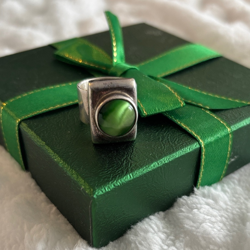 Vintage TAXCO Sterling Silver Ring – TH-112 Modernist Green Stone 💚